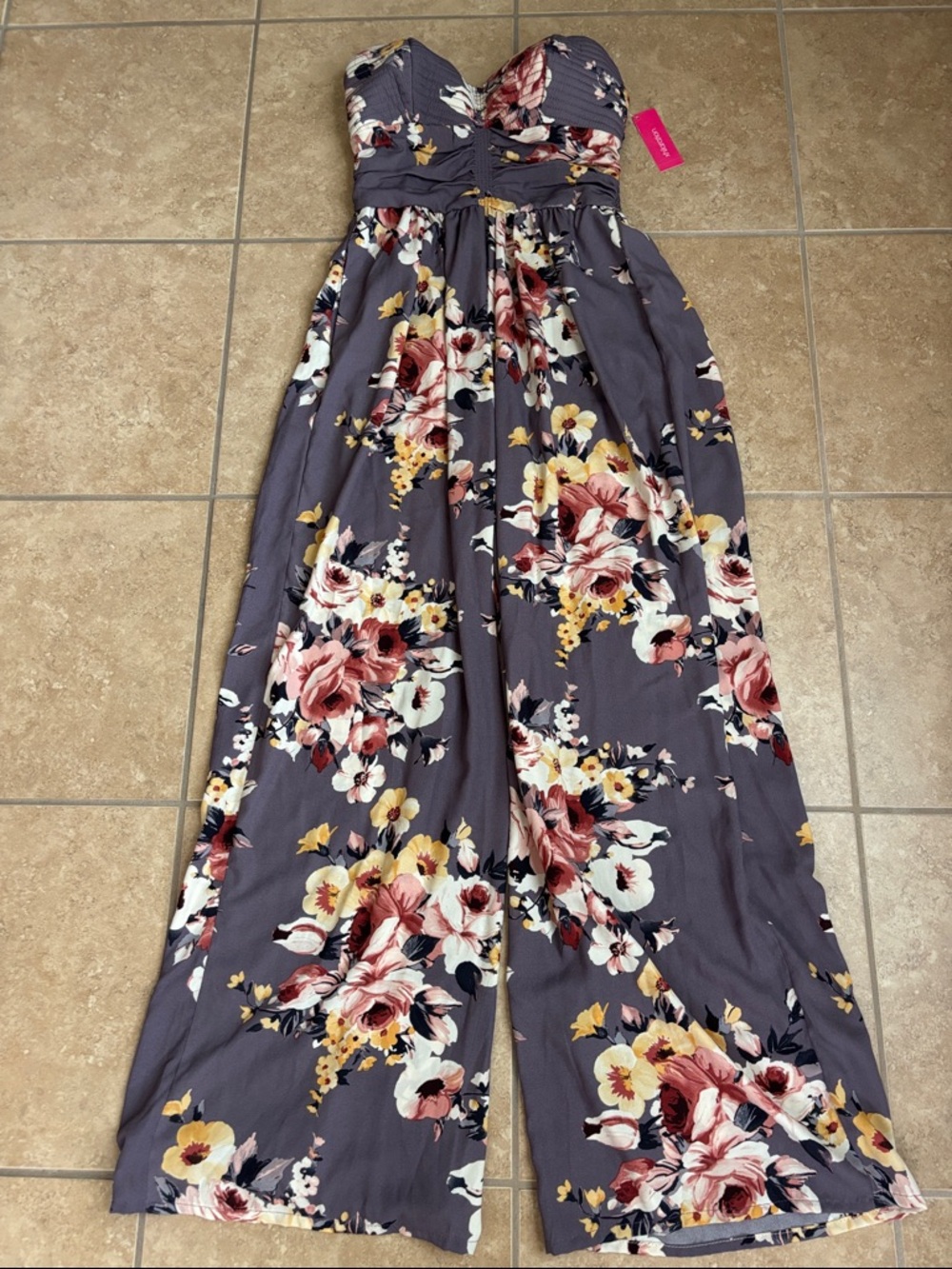 Xhilaration Strapless Floral Jumpsuit in Mauve with Pink & Cream Blooms